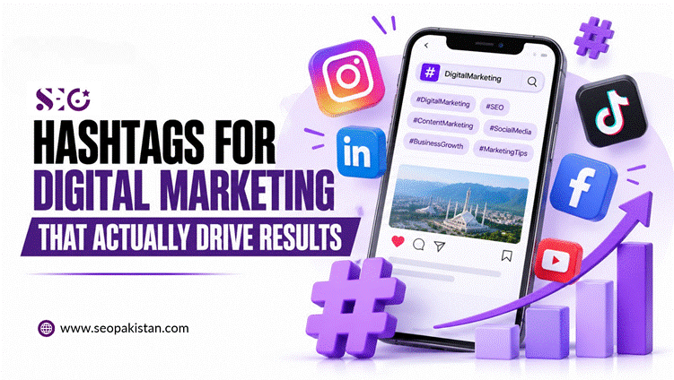 A mobile phone mockup displaying a social media feed with a post featuring Faisal Mosque in Islamabad and popular marketing tags like #DigitalMarketing, #SEO, #ContentMarketing, #SocialMedia, #BusinessGrowth, and #MarketingTips.