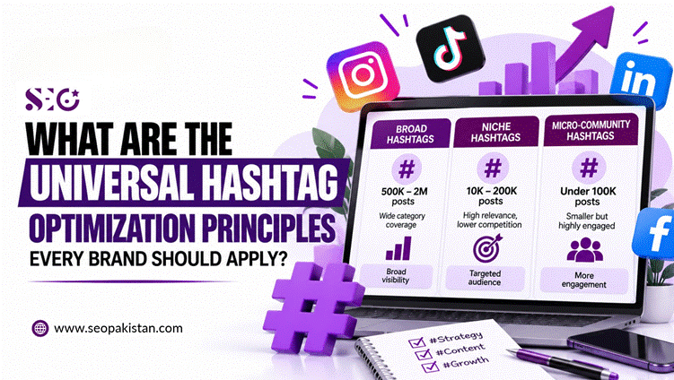 A breakdown of hashtag optimization principles on a laptop screen, categorizing hashtags into Broad Hashtags (500K–2M posts, wide coverage, broad visibility), Niche Hashtags (10K–200K posts, high relevance, targeted audience), and Micro-Community Hashtags (Under 100K posts, highly engaged, maximum engagement).
