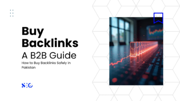A B2B guide banner explaining how to Buy Backlinks safely in Pakistan, featuring a modern abstract design with a row of glowing digital data blocks and a blue bookmark graphic.