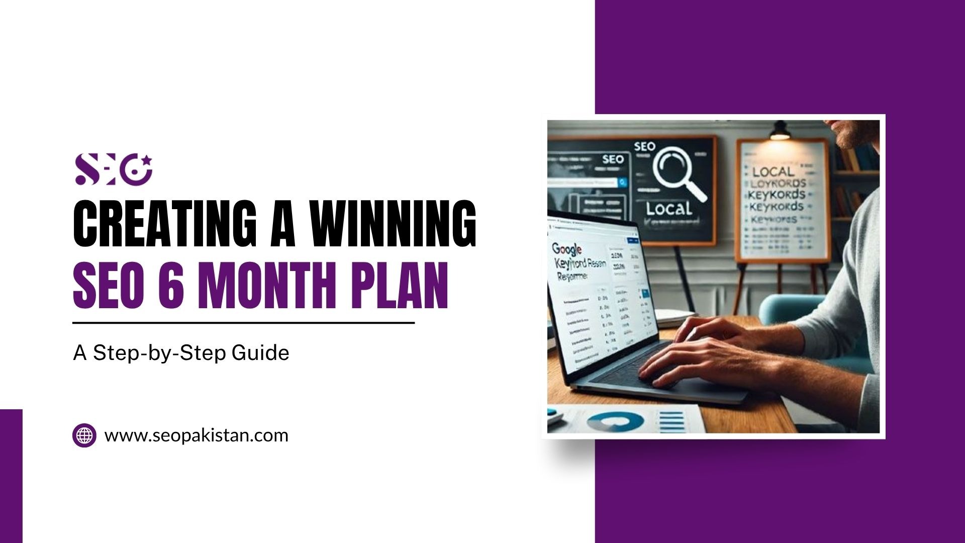 A title graphic reading "CREATING A WINNING SEO 6 MONTH PLAN: A Step-by-Step Guide" by SEO Pakistan. On the right, a framed image shows a person working on a laptop displaying keyword research data, with a blackboard and whiteboard in the background showing SEO strategy notes. The website URL "www.seopakistan.com" is located at the bottom left.