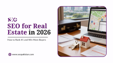 seoTitle graphic for "SEO for Real Estate in 2026: How to Rank #1 and Win More Buyers" from seopakistan.com. Highlights a desk setup with a laptop showing a digital property map, a small toy house, real estate keys, documents, and a briefcase. for real estate