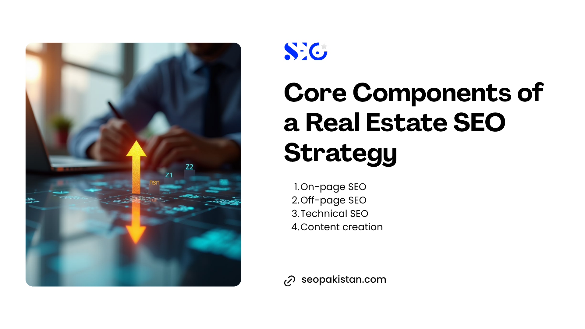 An educational slide outlining core components of SEO services for real estate, accompanied by a close-up image of a professional working at a desk with digital data graphics and upward-pointing illuminated arrows.
