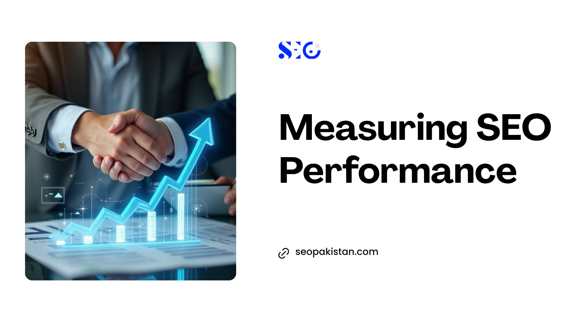 A slide explaining how to measure performance for SEO services for real estate, featuring a photo of business partners shaking hands behind a glowing blue growth chart overlay.