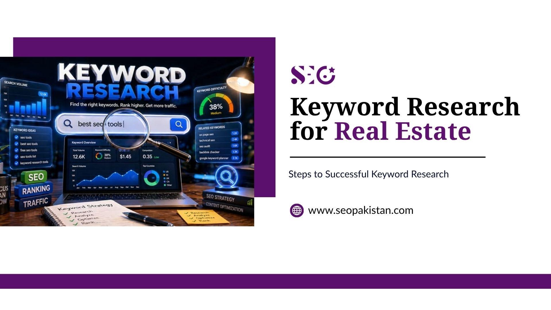 SEO slide titled "Keyword Research for Real Estate: Steps to Successful Keyword Research" from seopakistan.com. Features a workspace image showing a laptop displaying SEO software dashboards, keyword search metrics, a magnifying glass, and a handwritten notebook.