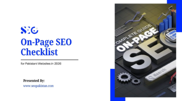 Title slide reading "On-Page SEO Checklist for Pakistani Websites in 2026," presented by SEO Pakistan (www.seopakistan.com). An inset 3D graphic on the right depicts the text "COMPLETE GUIDE ON-PAGE SEO" alongside growth charts, gears, and a search bar icon.on page seo checklist