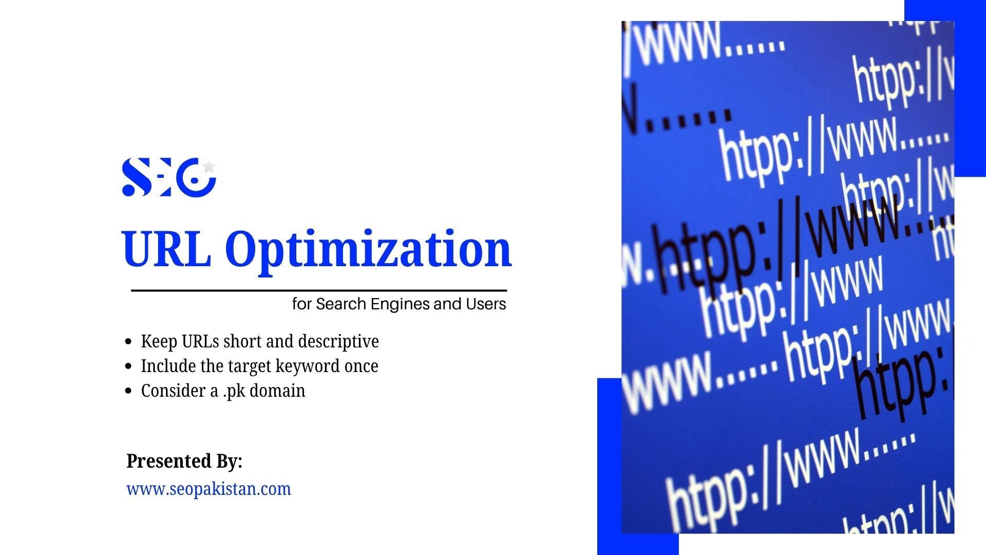 Educational slide titled "URL Optimization for Search Engines and Users" by SEO Pakistan (www.seopakistan.com). It lists key tips: keeping URLs short and descriptive, including the target keyword once, and considering a .pk domain. The right side shows a close-up photo of web URL addresses on a screen.