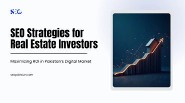 An digital infographic featuring a 3D bar chart with a glowing upward-trending arrow, alongside text highlighting SEO Strategies for Real Estate Investors to maximize ROI in Pakistan's digital market.