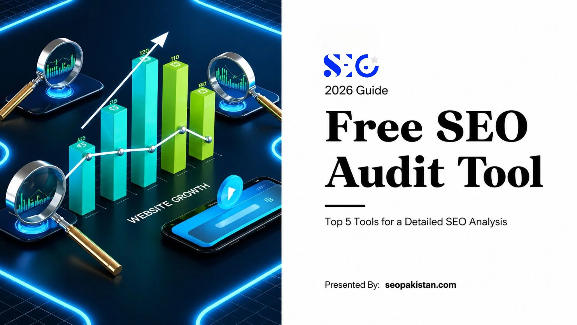 An informational graphic for a digital marketing guide featuring a Free SEO Audit Tool, showing a 3D illustration of upward-trending bar charts, line graphs, and magnifying glasses over a glowing neon tech interface.