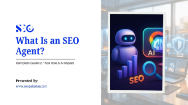 Text slide titled "What Is an SEO Agent? Complete Guide to Their Role & AI Impact" presented by seopakistan.com with SEO and AI graphics.