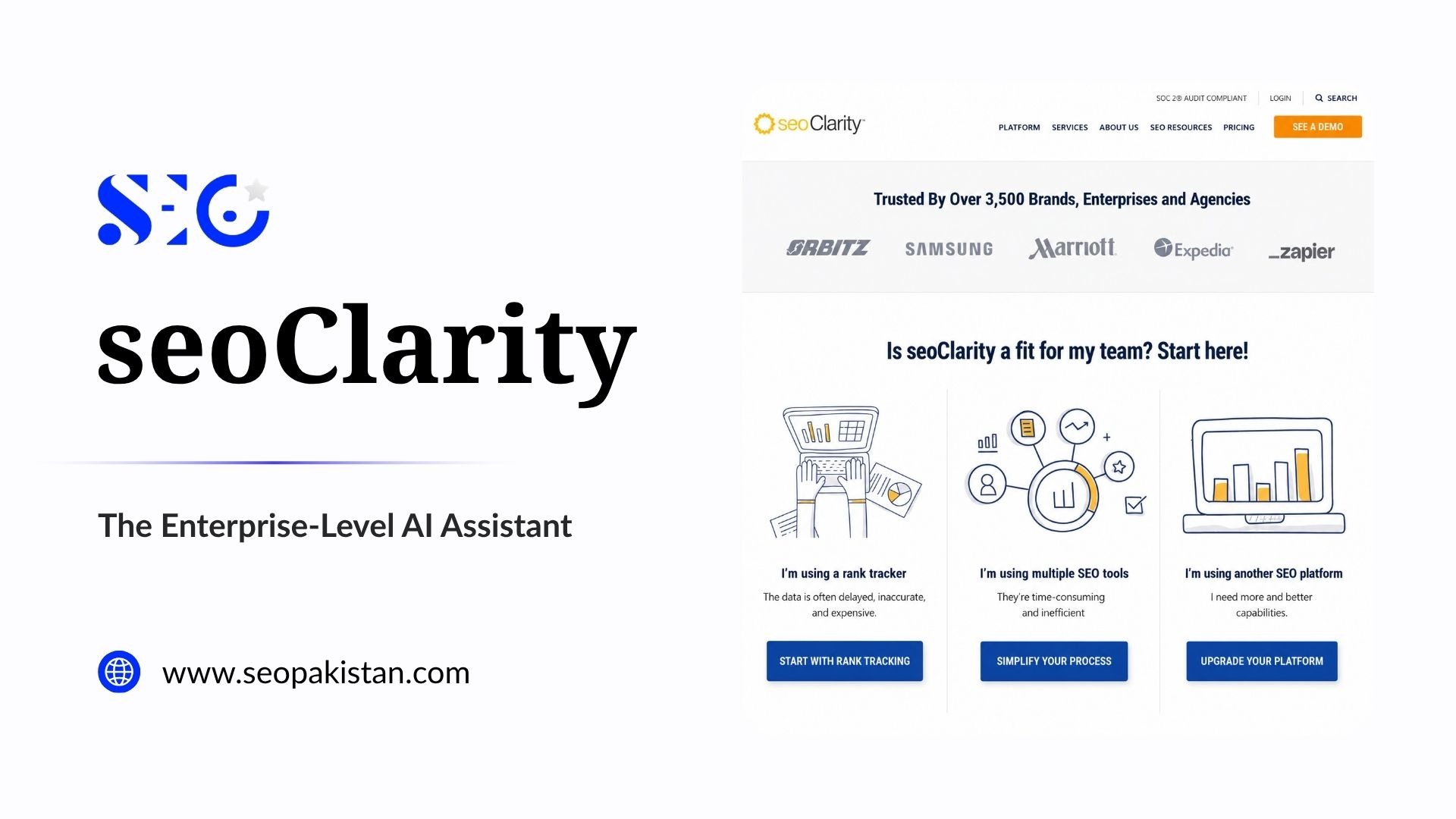 seoClarity enterprise-level AI assistant for SEO with trusted brands, features for rank tracking, multiple SEO tools, and platform upgrades.