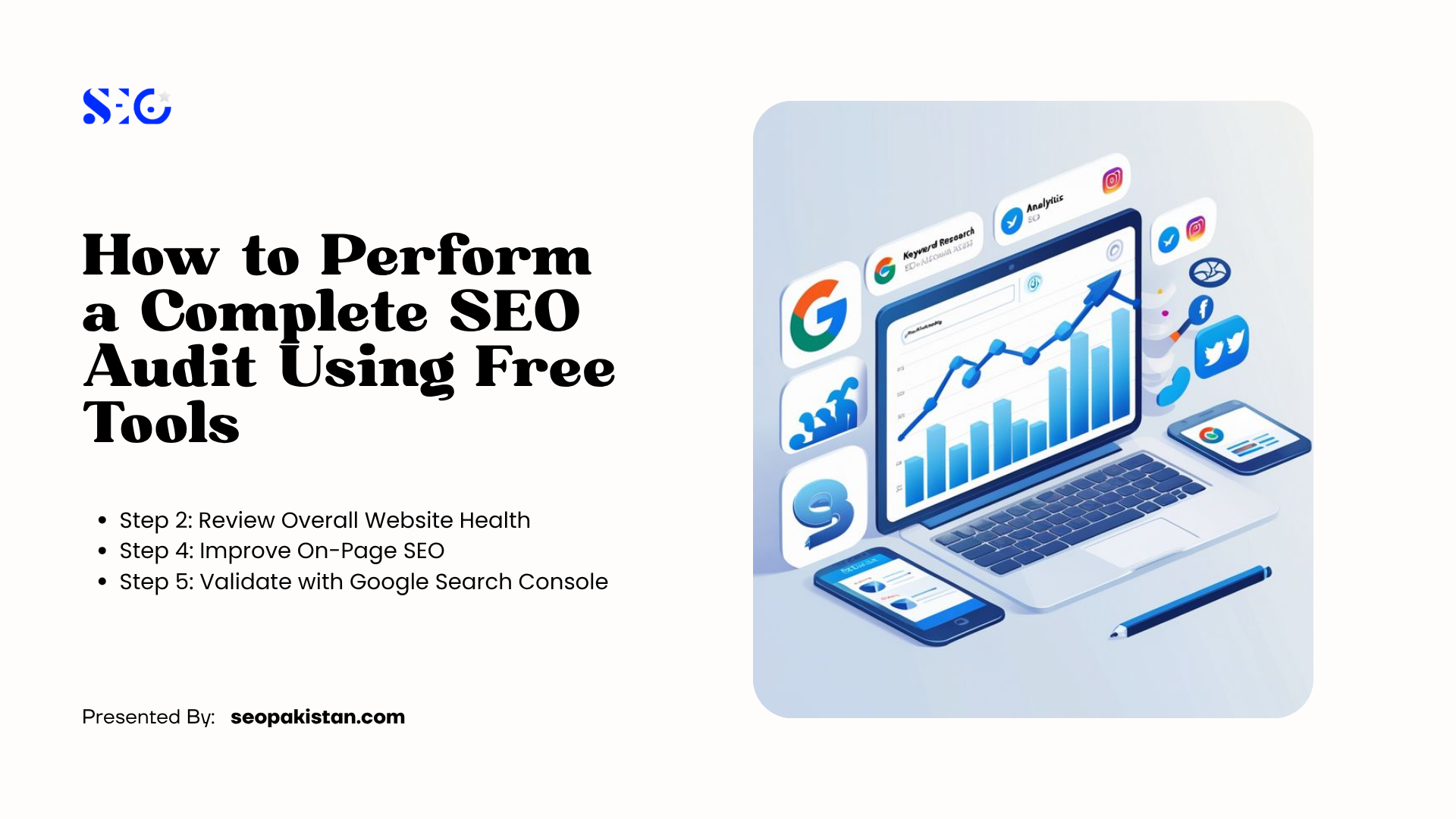 An isometric illustration detailing how to perform a website check with a Free SEO Audit Tool, showcasing a laptop open to data analytics graphs surrounded by floating social media and search engine icons.