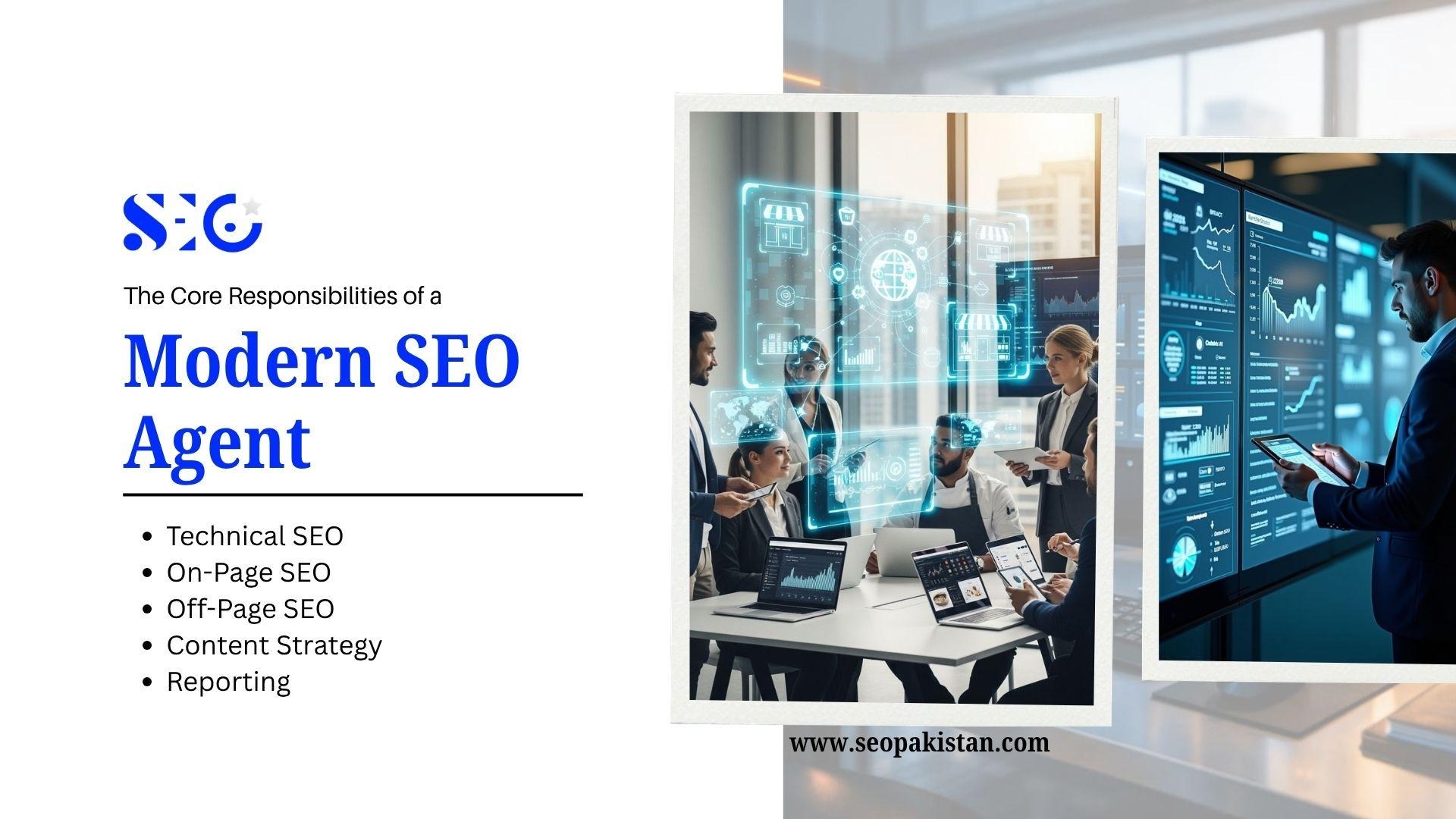 Team of professionals analyzing digital marketing data with holographic SEO icons and charts, highlighting modern SEO agent responsibilities.