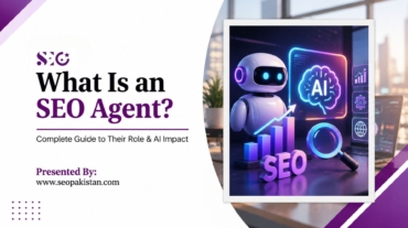 A presentation slide titled "What Is an SEO Agent? Complete Guide to Their Role & AI Impact" presented by SEO Pakistan. On the right, a framed image features a futuristic white 3D robot next to a glowing blue neon "AI" brain icon, a magnifying glass, and 3D letters spelling "SEO" in front of a rising bar chart. The website "www.seopakistan.com" is listed in the lower left section.