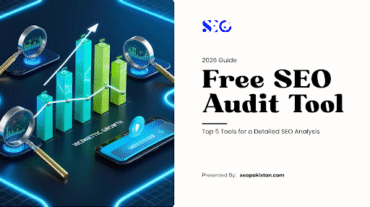 An informational graphic for a digital marketing guide featuring a Free SEO Audit Tool, showing a 3D illustration of upward-trending bar charts, line graphs, and magnifying glasses over a glowing neon tech interface.