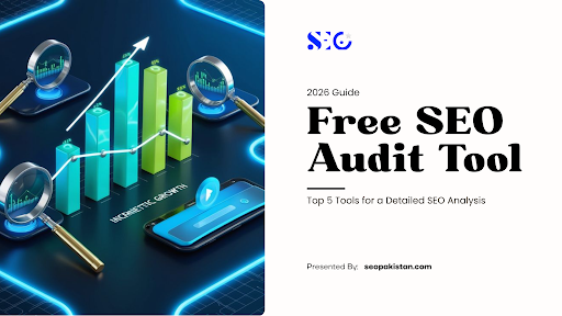 An informational graphic for a digital marketing guide featuring a Free SEO Audit Tool, showing a 3D illustration of upward-trending bar charts, line graphs, and magnifying glasses over a glowing neon tech interface.