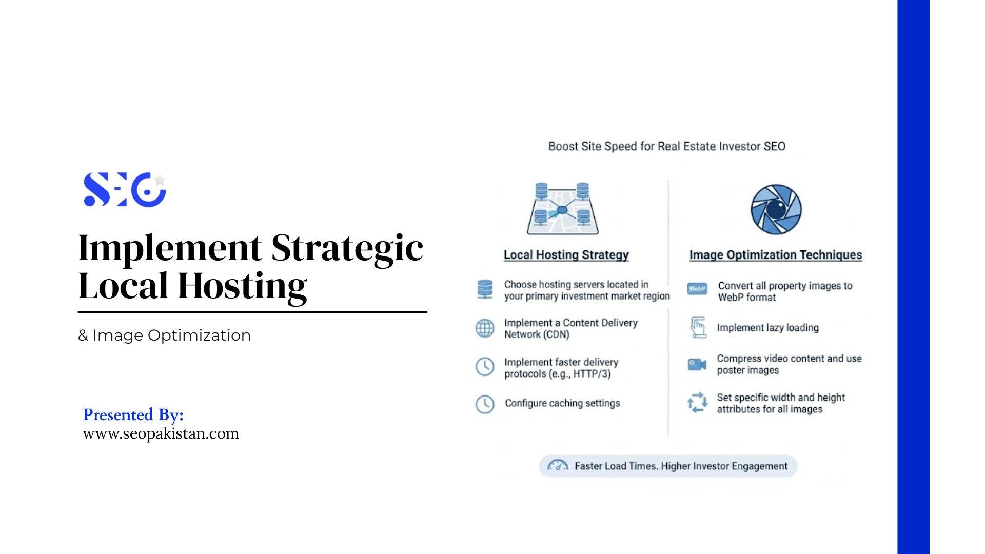 SEO tips infographic for real estate: Local hosting strategy with CDN and caching; image optimization with WebP, lazy loading, compression, and set attributes.