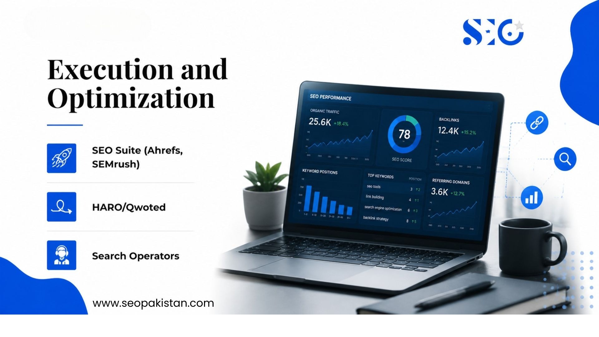 A promotional graphic titled "Execution and Optimization" featuring list items for "SEO Suite (Ahrefs, SEMrush)", "HARO/Qwoted", and "Search Operators" on a clean white-and-blue background. On the right, a laptop displays an "SEO Performance" dashboard with metrics like organic traffic (25.6K), SEO score (78), and backlinks (12.4K), positioned next to a coffee cup and notepad. Includes the logo "SEO" and the website URL "www.seopakistan.com".