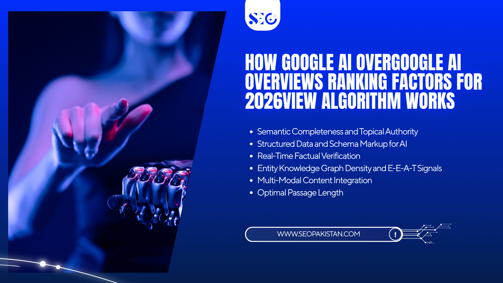 Informational slide explaining how the Google AIO algorithm works and key ranking factors, including semantic completeness, structured data, entity knowledge graph density, and optimal passage length, with a graphic of a robotic hand.