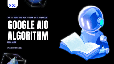 Title graphic reading 'Google AIO Algorithm: How It Works and How to Rank in AI Overviews (2026 Guide)' by SEO Pakistan, featuring an illustration of a glowing blue robot reading an open book.