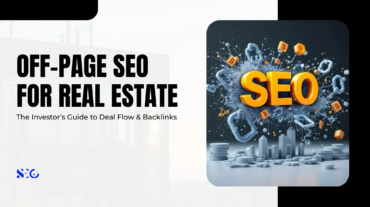 An informational slide titled "Off-Page SEO for Real Estate: The Investor's Guide to Deal Flow & Backlinks," paired with a 3D graphic of the word "SEO" surrounded by interconnected links and coins above a digital cityscape.
