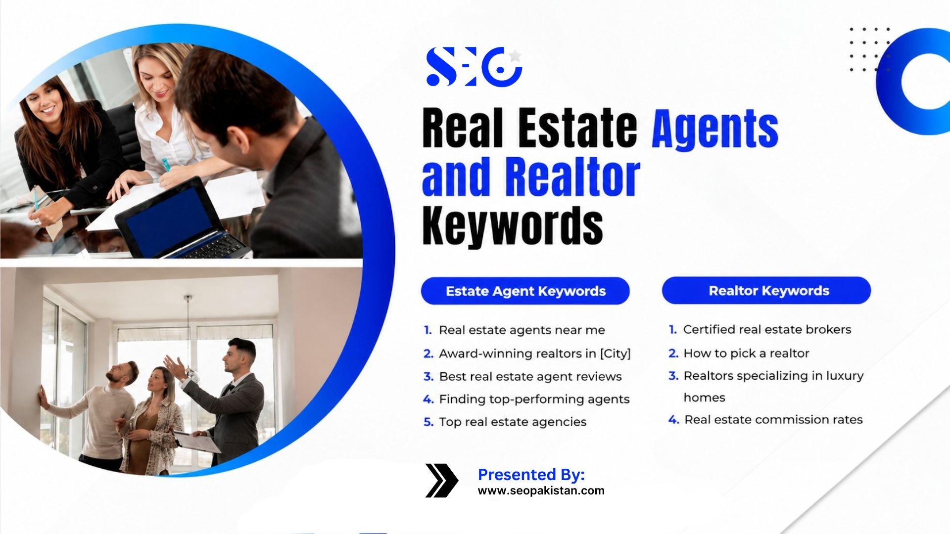 An informational graphic titled "Real Estate Agents and Realtor Keywords" presented by seopakistan.com. On the left, circular frames show real estate professionals working with clients and touring an interior space. The right side features two lists: "Estate Agent Keywords" including terms like "Real estate agents near me" and "Top real estate agencies," and "Realtor Keywords" including "Certified real estate brokers" and "Realtors specializing in luxury homes."