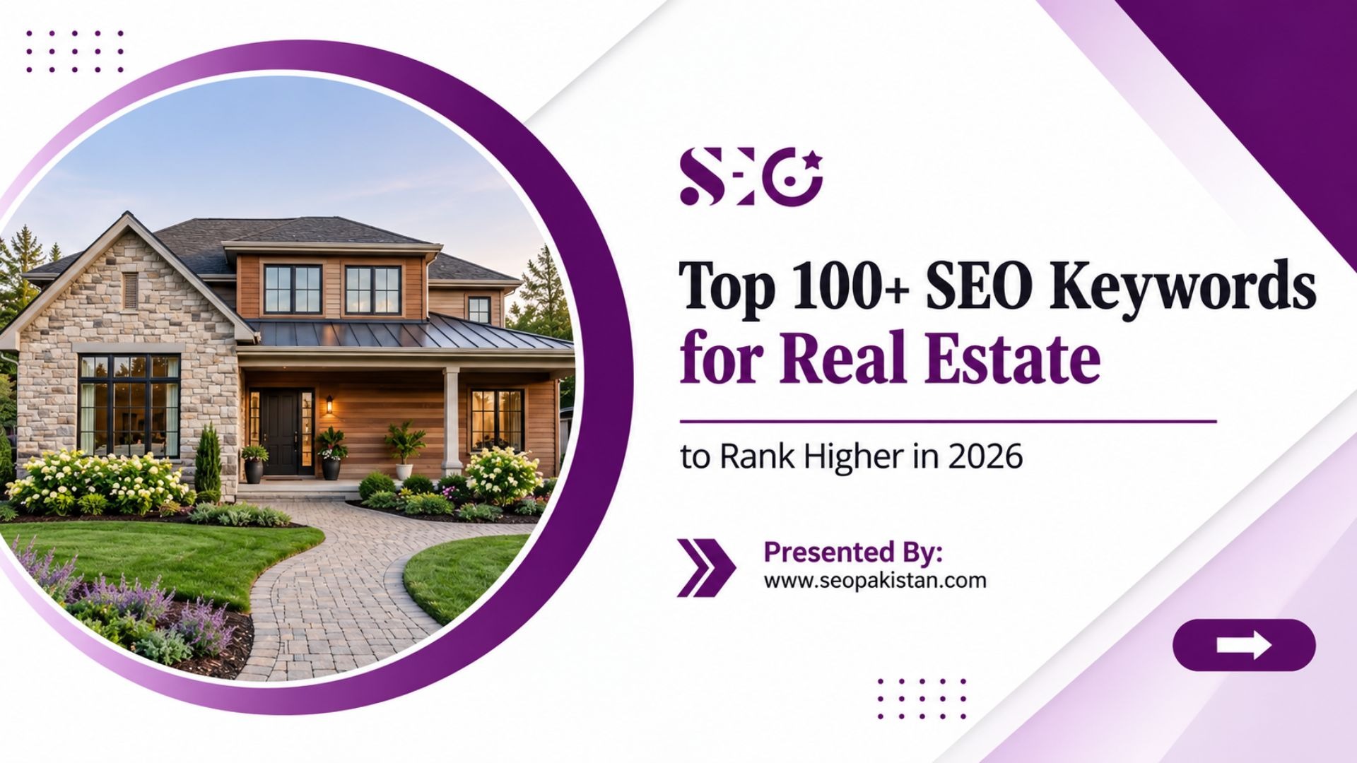A promotional graphic titled "Top 100+ SEO Keywords for Real Estate to Rank Higher in 2026" presente top real estate keywordsd by seopakistan.com. A large circular frame on the left showcases a beautiful, modern craftsman-style home with a stone and wood exterior, landscaped front yard, and a stone walkway.