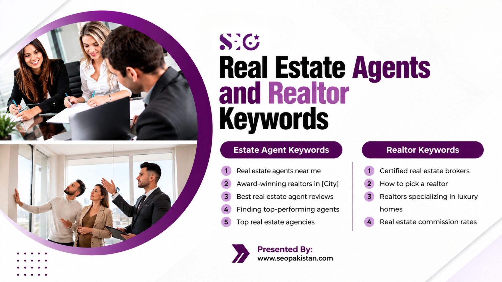 An informational graphic titled "Real Estate Agents and Realtor Keywords" presented by seopakistan.com. On the left, circular frames show real estate professionals working with clients and touring an interior space. The right side features two lists: "Estate Agent Keywords" including terms like "Real estate agents near me" and "Top real estate agencies," and "Realtor Keywords" including "Certified real estate brokers" and "Realtors specializing in luxury homes."