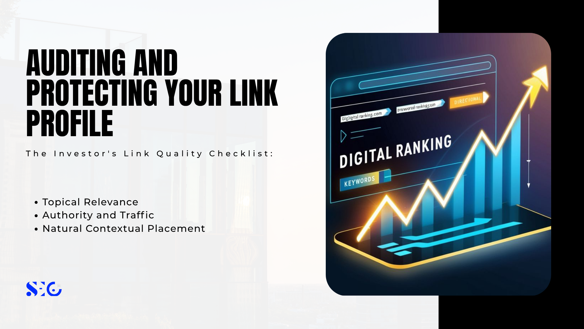 An digital infographic explaining backlink auditing and link profile protection with an "Investor's Link Quality Checklist," alongside a 3D graphic of a rising performance chart symbolizing domain authority in off-page SEO for real estate.