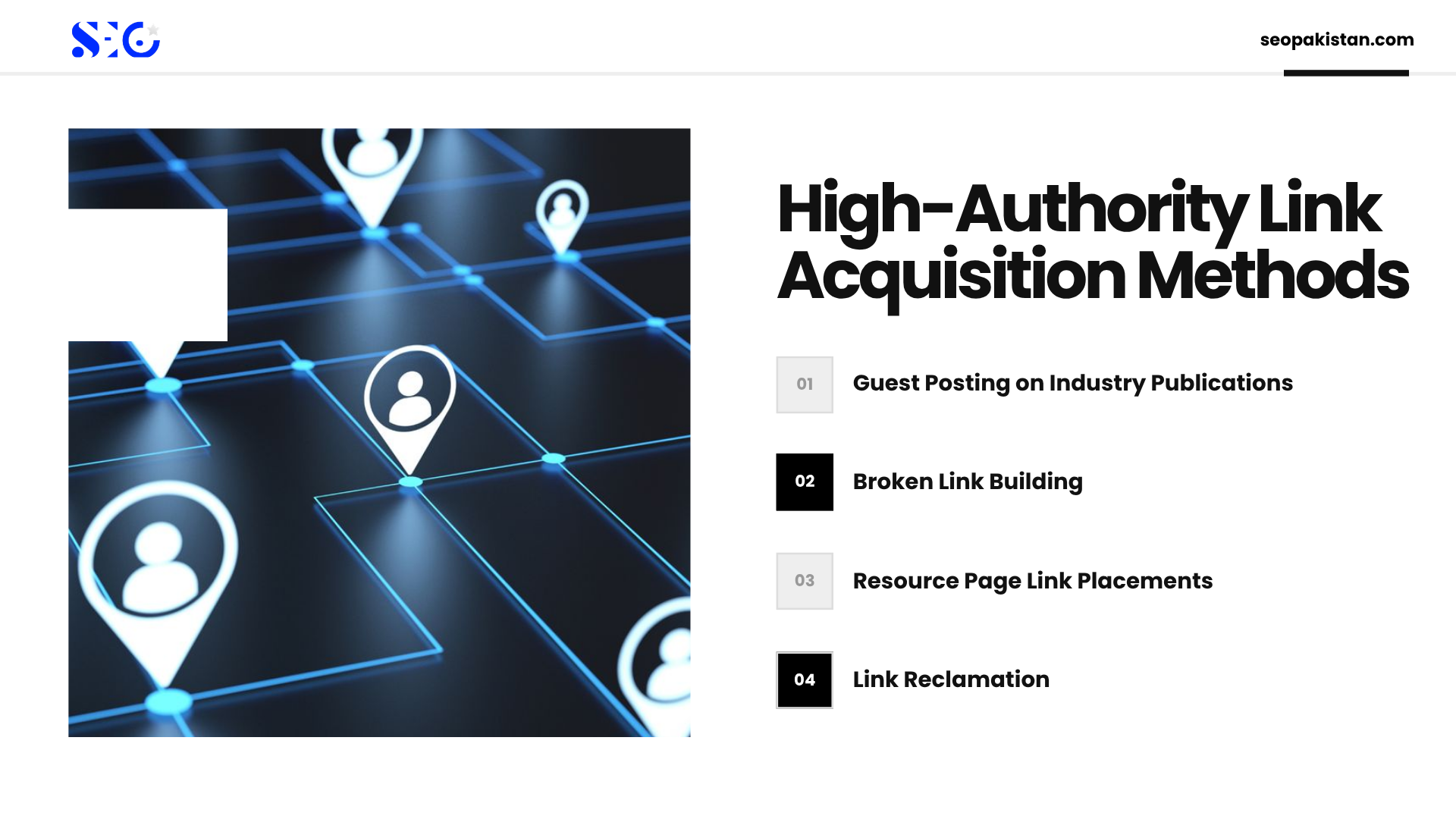 An infographic highlighting four high-authority link acquisition methods for Link Building 2026: guest posting on industry publications, broken link building, resource page link placements, and link reclamation, next to a network graphic of location-style user profile pins.
