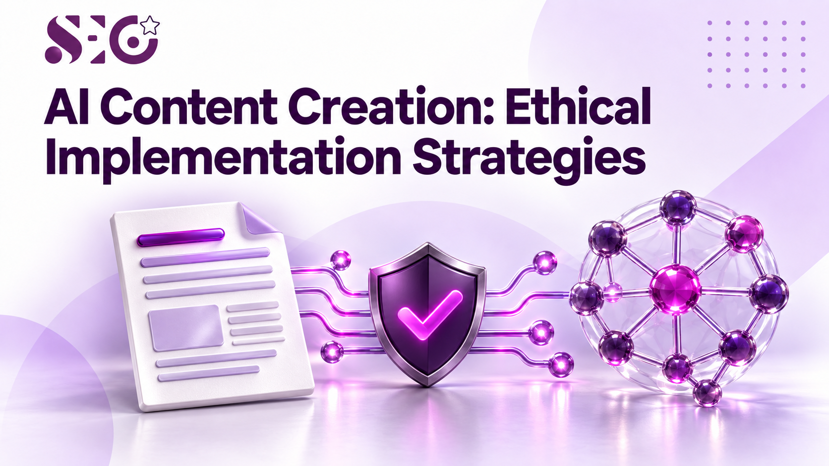 AI content creation with a realistic 3D document, ethics shield and neural network in a purple-magenta design.
