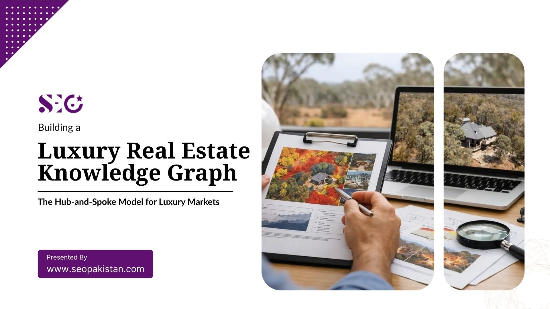 Slide titled "Building a Luxury Real Estate Knowledge Graph: The Hub-and-Spoke Model for Luxury Markets" presented by seopakistan.com. Features photos on the right showing hands holding printed maps and photos of a forest property alongside a laptop displaying real estate images.