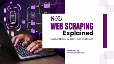 A cover graphic titled "WEB SCRAPING Explained" with the subtitle "Google Rules, Legality, and SEO Uses" by SEO Pakistan. On the left, a person operates a laptop with a digital overlay showing file folder nodes and document icons. The website "www.seopakistan.com" is listed in the bottom right corner.