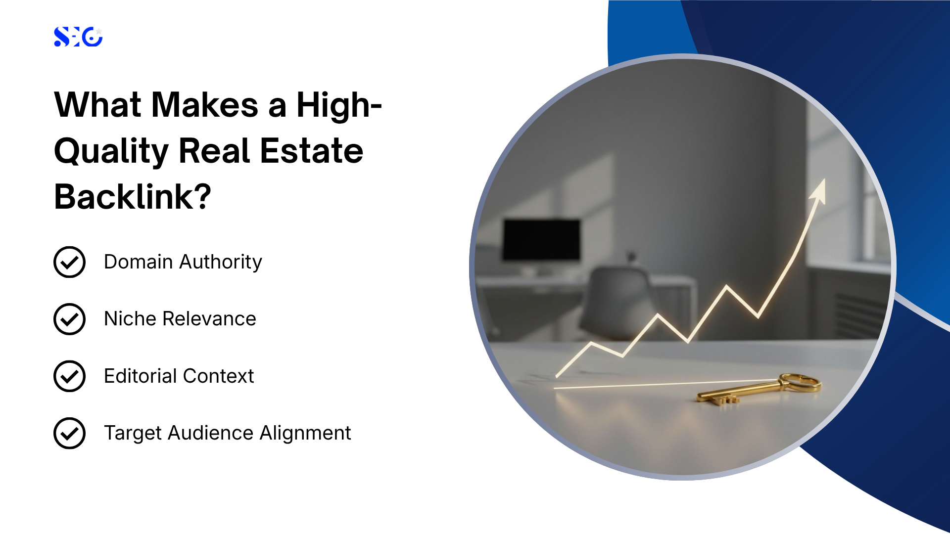 Educational slide explaining high-quality backlinks as part of link building for real estate, paired with an image of a golden house key on a table next to an upward-trending chart line.
