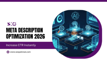 Promotional slide titled "META DESCRIPTION OPTIMIZATION 2026: Increase CTR Instantly" by SEO (seopakistan.com), paired with a circular graphic showing 3D AI and analytics icons.