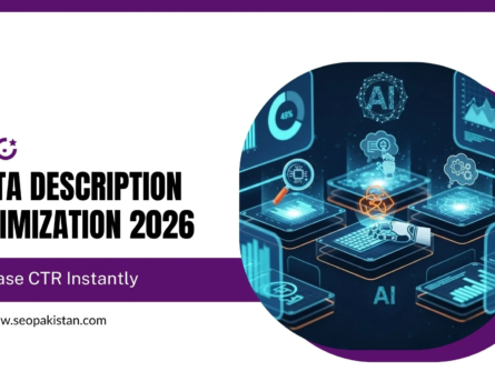 Promotional slide titled "META DESCRIPTION OPTIMIZATION 2026: Increase CTR Instantly" by SEO (seopakistan.com), paired with a circular graphic showing 3D AI and analytics icons.