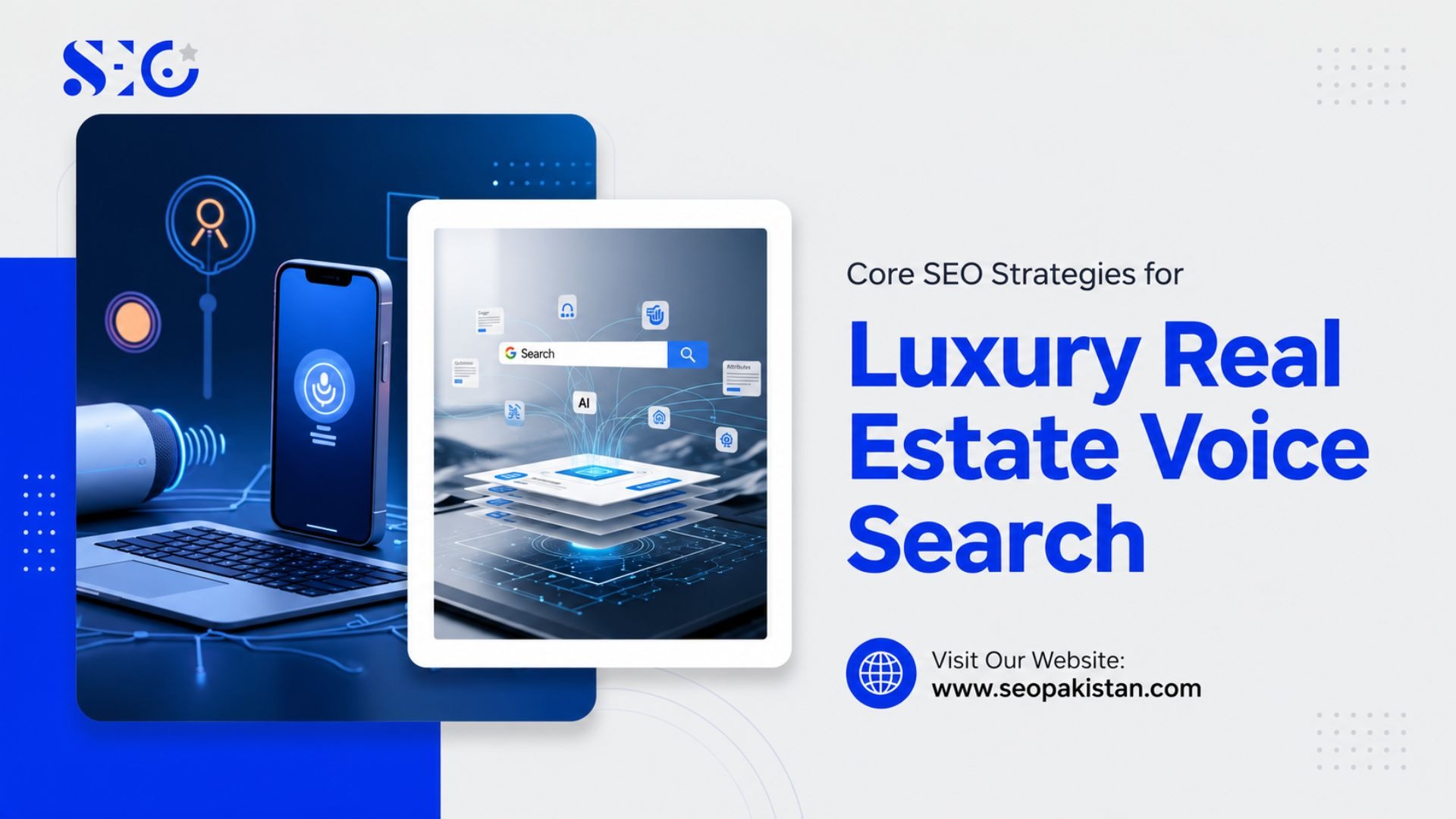 Digital voice search on a smartphone with layered digital icons, promoting SEO strategies for luxury real estate voice search.