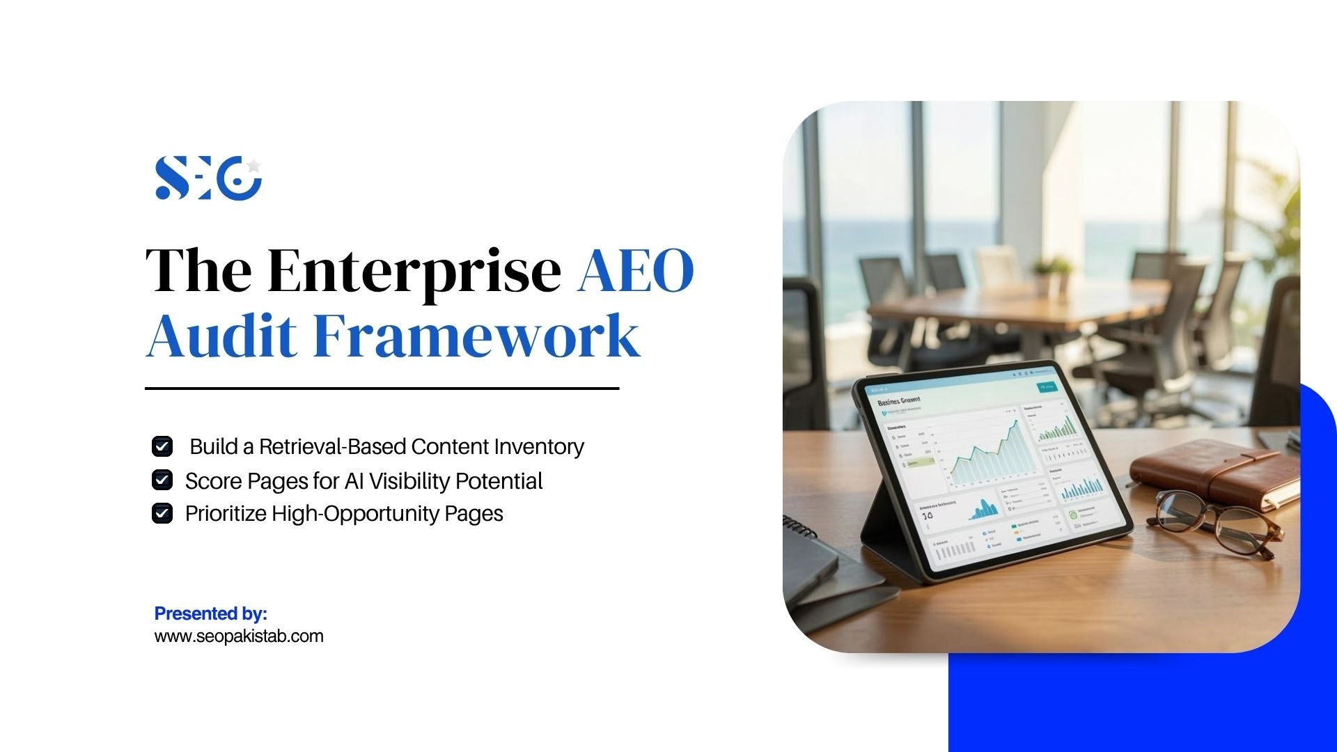 Slide graphic titled "The Enterprise AEO Audit Framework" presented by seopakistab.com, listing three key steps: Build a Retrieval-Based Content Inventory, Score Pages for AI Visibility Potential, and Prioritize High-Opportunity Pages, alongside an image of a tablet displaying analytics on a conference table.