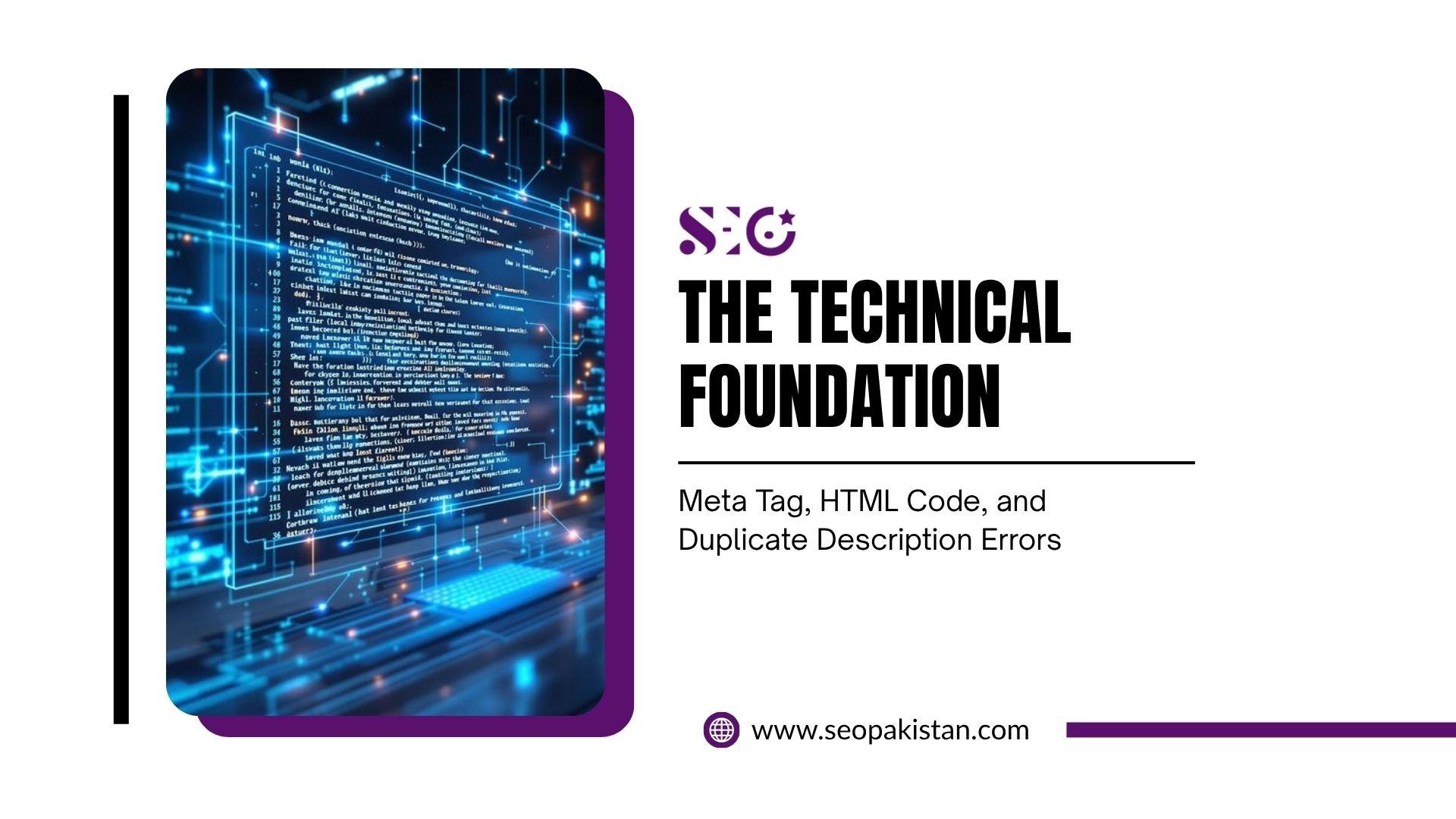 Slide graphic titled "THE TECHNICAL FOUNDATION" by SEO (seopakistan.com), listing key topics: Meta Tag, HTML Code, and Duplicate Description Errors, alongside a blue digital image displaying glowing computer code.