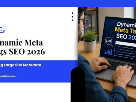 Person working on a laptop displaying "Dynamic Meta Tags SEO 2026" with SEO-related graphics and website info for scaling site metadata.