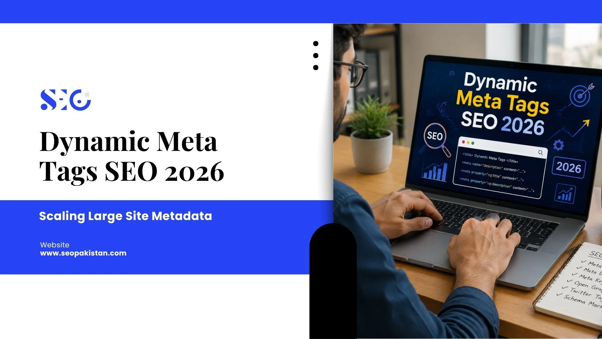Person working on a laptop displaying "Dynamic Meta Tags SEO 2026" with SEO-related graphics and website info for scaling site metadata.
