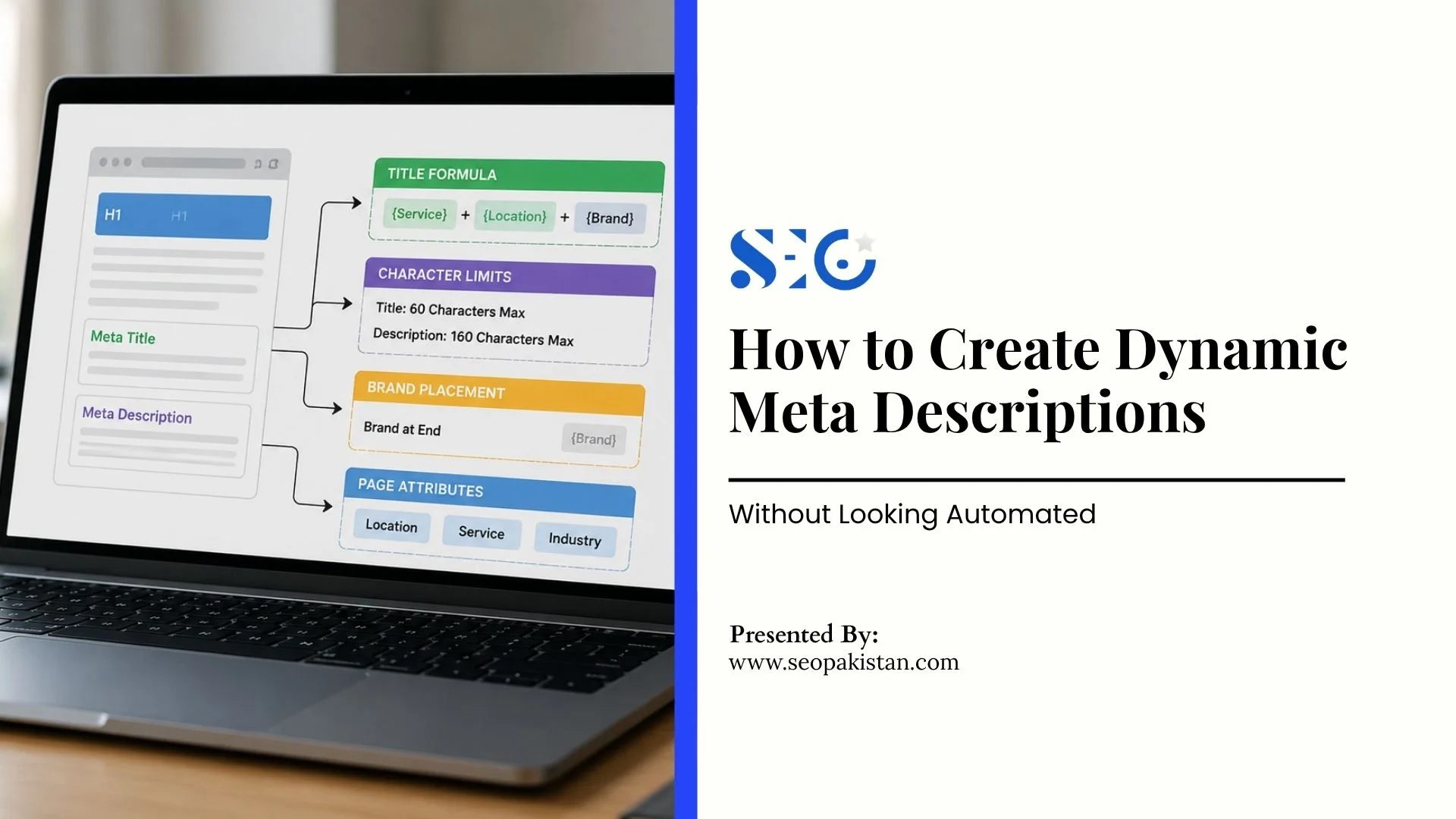 A laptop displays a chart about meta titles and descriptions. Next to it, text reads: How to Create Dynamic Meta Descriptions Without Looking Automated, with a website link and Presented by: SEO.
