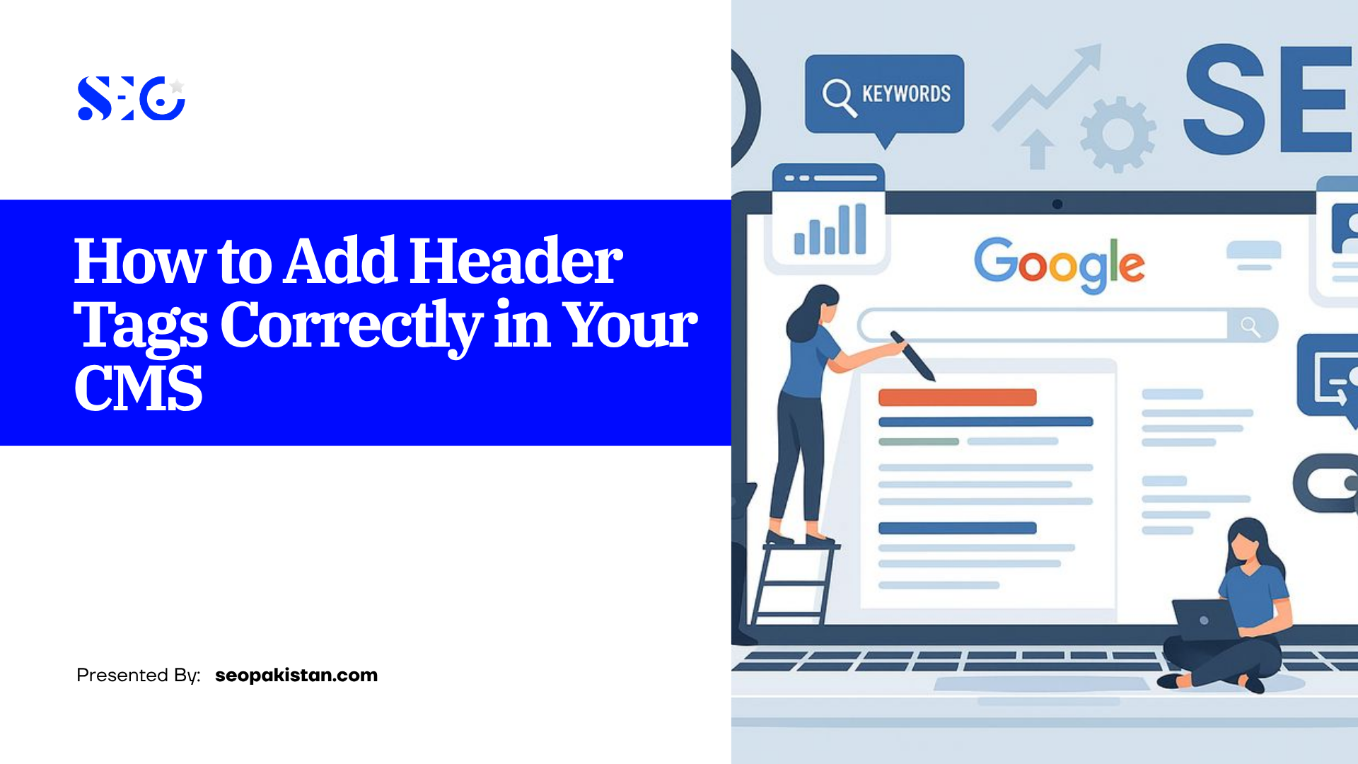 An educational digital marketing graphic explaining how to implement header tags seo correctly within a Content Management System (CMS), featuring flat illustrations of professionals optimizing a web page on a large laptop screen.