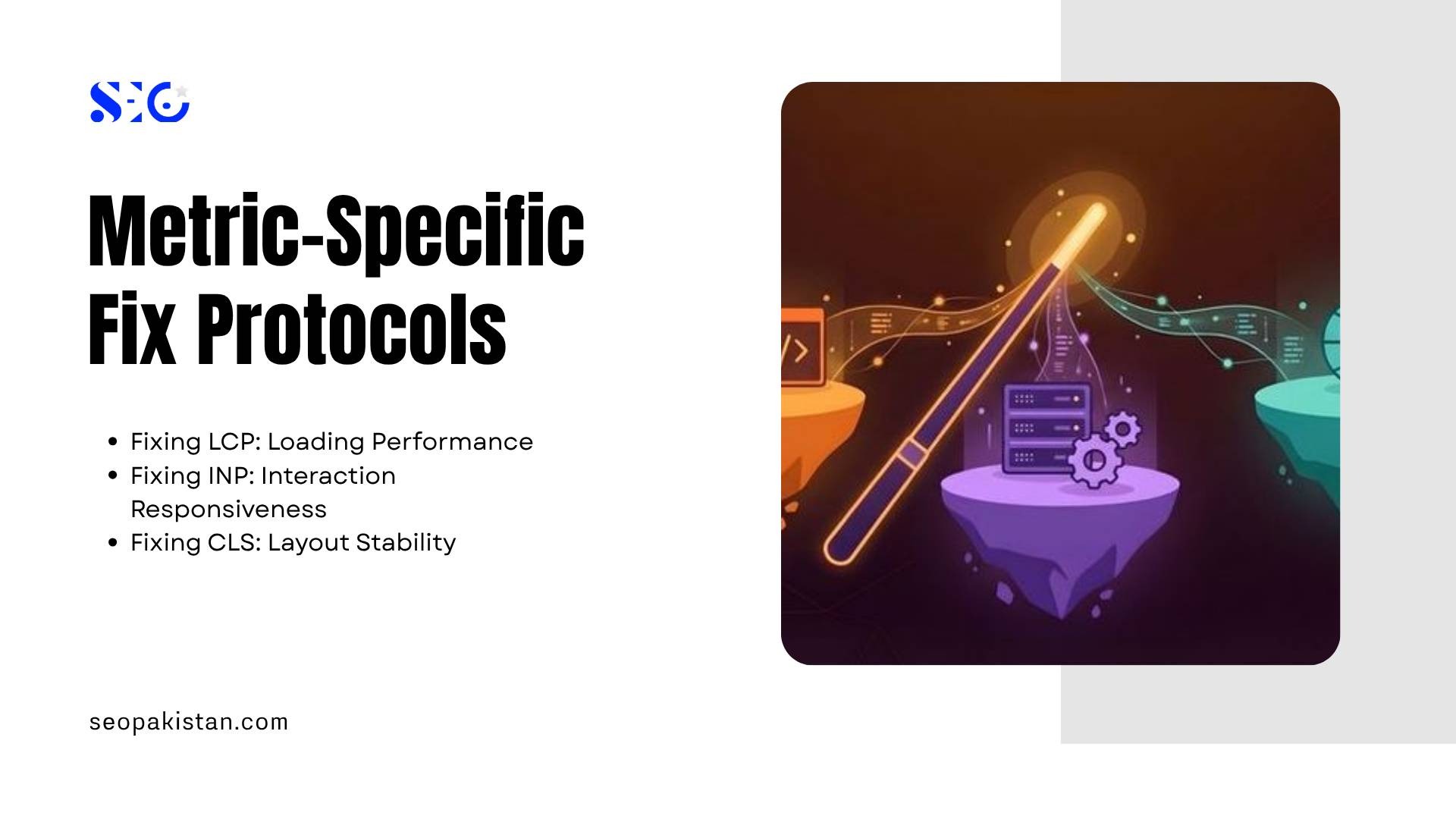 Infographic on Metric-Specific Fix Protocols addressing LCP, INP, and CLS issues with an abstract tech-themed illustration.