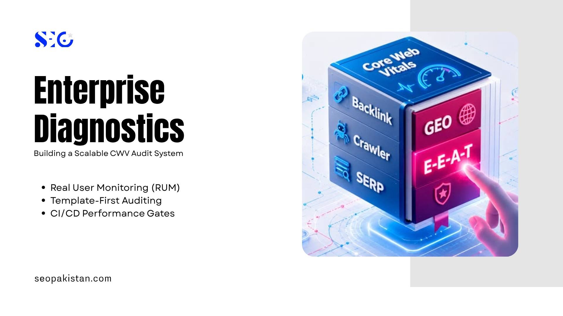 Illustration of a digital cube showing enterprise diagnostics features like Backlink, Crawler, GEO, E-E-A-T with a finger pressing a key.