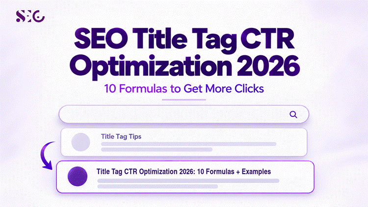Title tag CTR optimization 2026 guide showing a Google search result preview with an improved title tag.