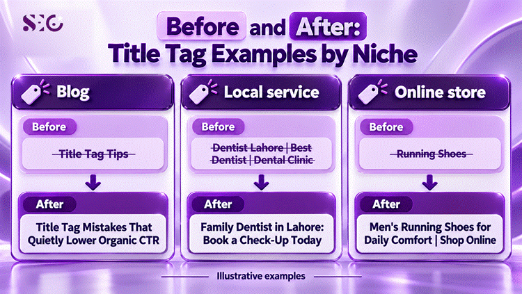 Before and after title tag examples for a blog, a dentist in Lahore, and an online shoe store.
