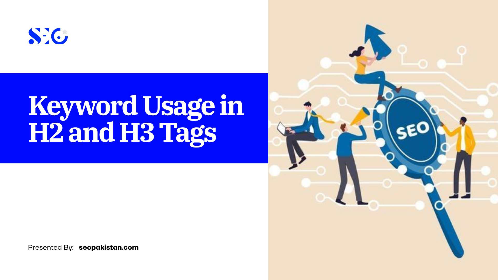 A vector graphic discussing keyword optimization in header tags seo like H2 and H3, depicting digital marketers collaborating around a giant magnifying glass over a circuit background.