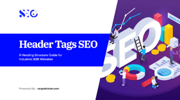 An isometric illustration outlining a guide to header tags seo structure for B2B websites, showing team members working around massive 3D letters spelling "SEO" alongside data growth charts and analytics tools.