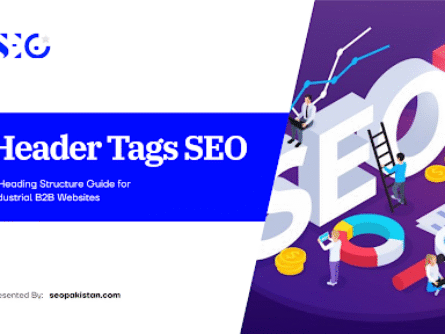 An isometric illustration outlining a guide to header tags seo structure for B2B websites, showing team members working around massive 3D letters spelling "SEO" alongside data growth charts and analytics tools.