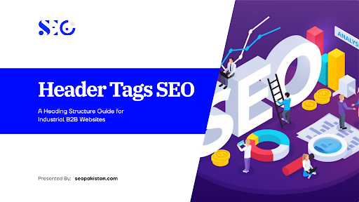 An isometric illustration outlining a guide to header tags seo structure for B2B websites, showing team members working around massive 3D letters spelling "SEO" alongside data growth charts and analytics tools.